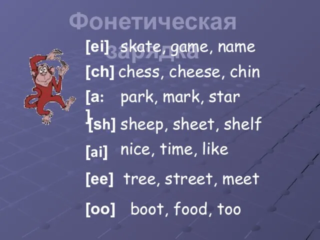 Фонетическая зарядка [ch] [а:] [ei] [sh] [ai] [ee] [oo] skate,