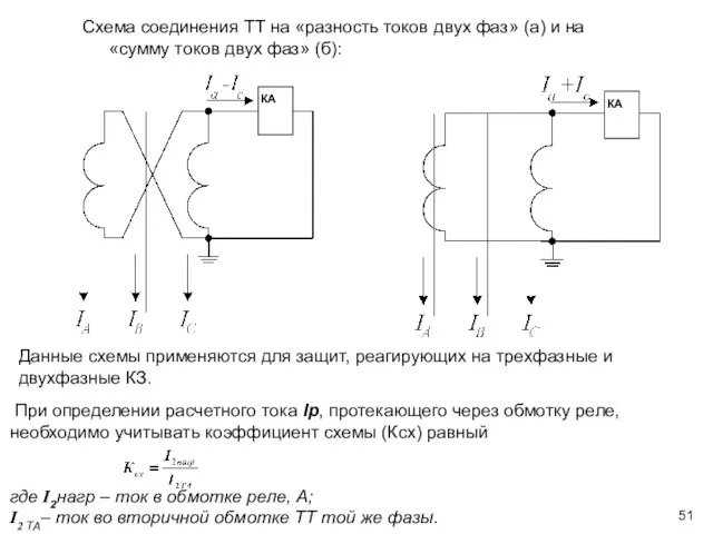 Схема соединения ТТ на «разность токов двух фаз» (а) и