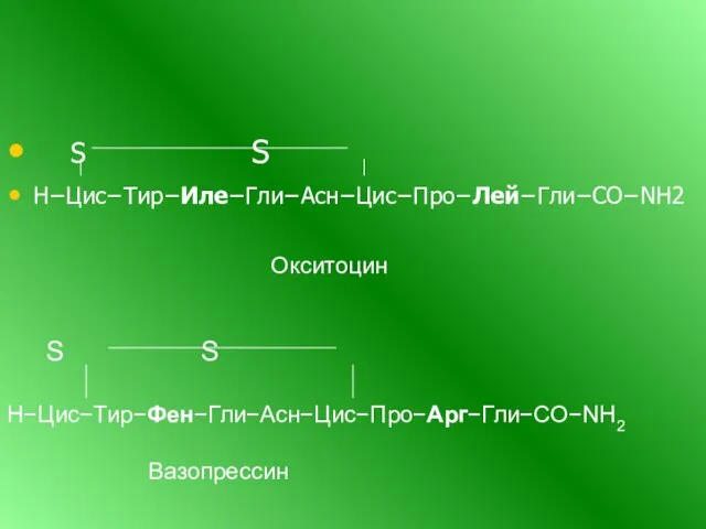 S S Н−Цис−Тир−Иле−Гли−Асн−Цис−Про−Лей−Гли−СО−NH2 Окситоцин S S Н−Цис−Тир−Фен−Гли−Асн−Цис−Про−Арг−Гли−СО−NH2 Вазопрессин