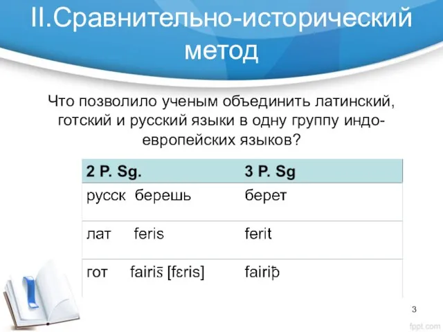 II.Сравнительно-исторический метод Что позволило ученым объединить латинский, готский и русский языки в одну группу индо-европейских языков?