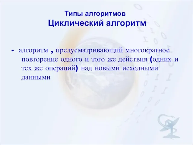 Типы алгоритмов Циклический алгоритм - алгоритм , предусматривающий многократное повторение