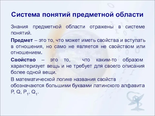 Система понятий предметной области Знания предметной области отражены в системе