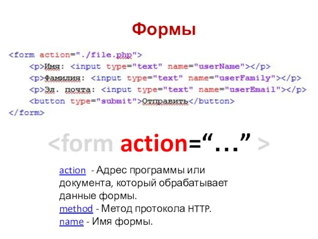 Формы action - Адрес программы или документа, который обрабатывает данные