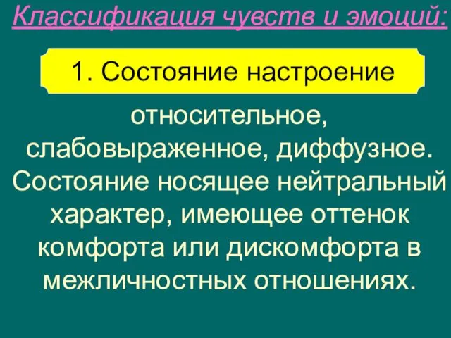 Классификация чувств и эмоций: относительное, слабовыраженное, диффузное. Состояние носящее нейтральный