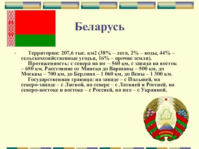 Беларусь Территория: 207,6 тыс. км2 (38% – леса, 2% –