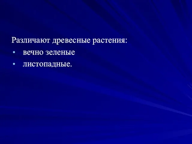 Различают древесные растения: вечно зеленые листопадные.