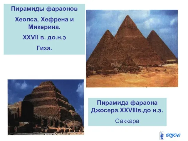 Пирамида фараона Джосера.XXVIIIв.до н.э. Саккара Пирамиды фараонов Хеопса, Хефрена и Микерина. XXVII в. до.н.э Гиза.