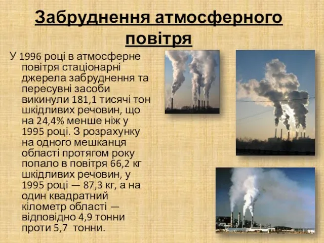 Забруднення атмосферного повітря У 1996 році в атмосферне повітря стаціонарні