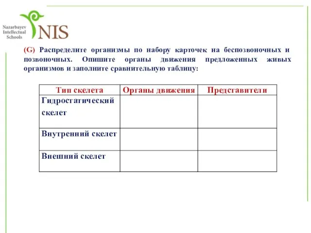 (G) Распределите организмы по набору карточек на беспозвоночных и позвоночных.