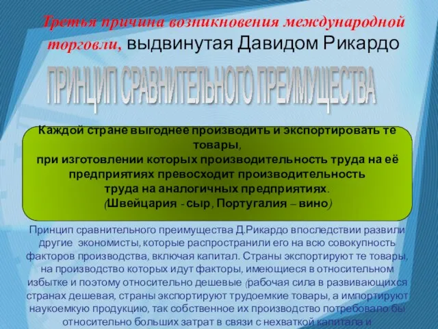 ПРИНЦИП СРАВНИТЕЛЬНОГО ПРЕИМУЩЕСТВА Каждой стране выгоднее производить и экспортировать те