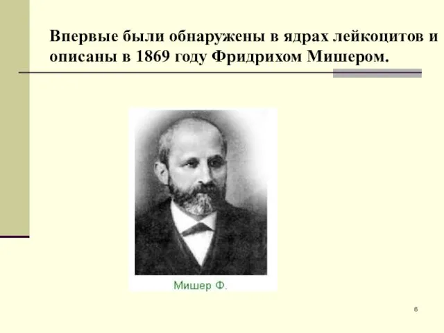 Впервые были обнаружены в ядрах лейкоцитов и описаны в 1869 году Фридрихом Мишером.