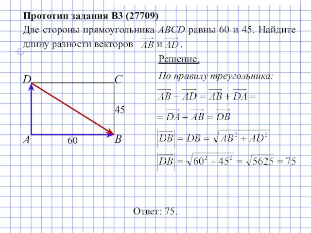 По правилу треугольника: Прототип задания B3 (27709) Две стороны прямоугольника ABCD равны 60