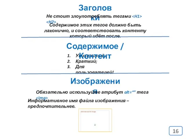 Уникальный; Краткий; Для пользователей! Заголовки Не стоит злоупотреблять тегами Содержимое