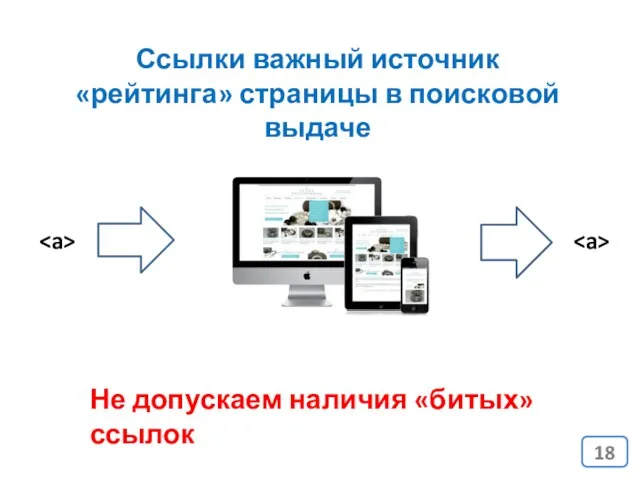 Ссылки важный источник «рейтинга» страницы в поисковой выдаче Не допускаем наличия «битых» ссылок