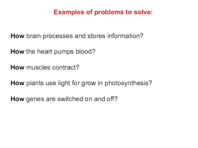 Examples of problems to solve: How brain processes and stores