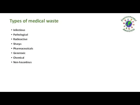 Types of medical waste Infectious Pathological Radioactive Sharps Pharmaceuticals Genotoxic Chemical Non-hazardous