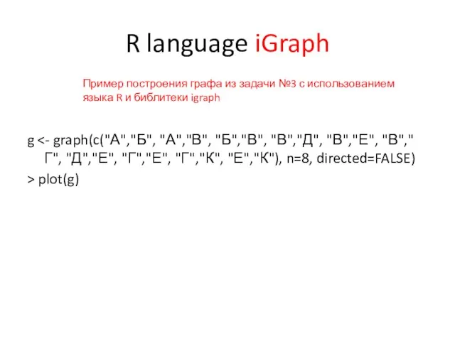 R language iGraph g > plot(g) Пример построения графа из