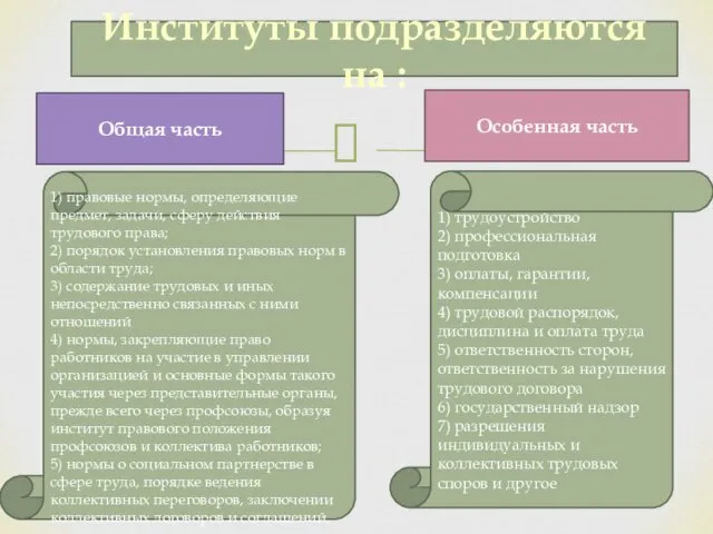 Институты подразделяются на : Общая часть Особенная часть 1) правовые