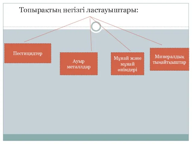 Топырақтың негізгі ластауыштары: Пестицидтер Ауыр металлдар Мұнай және мұнай өнімдері Минералдық тыңайтқыштар