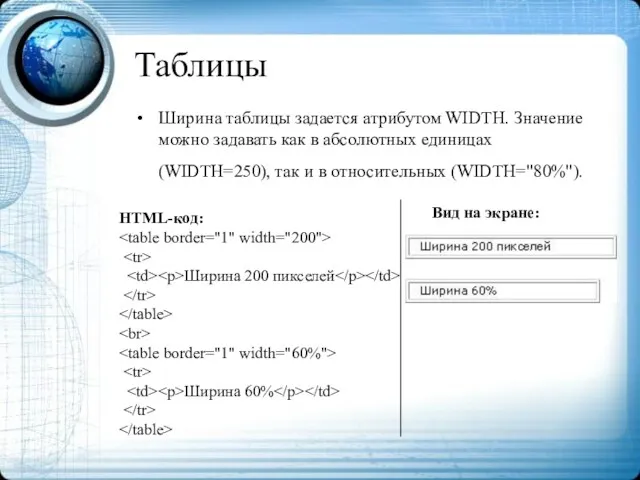 Таблицы Ширина таблицы задается атрибутом WIDTH. Значение можно задавать как