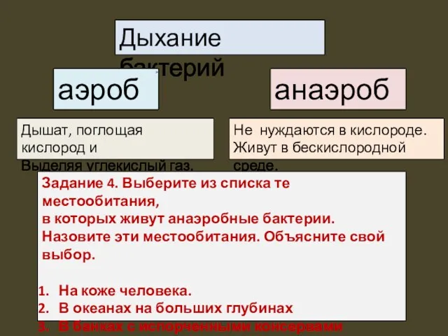 Дыхание бактерий аэробы анаэробы Дышат, поглощая кислород и Выделяя углекислый