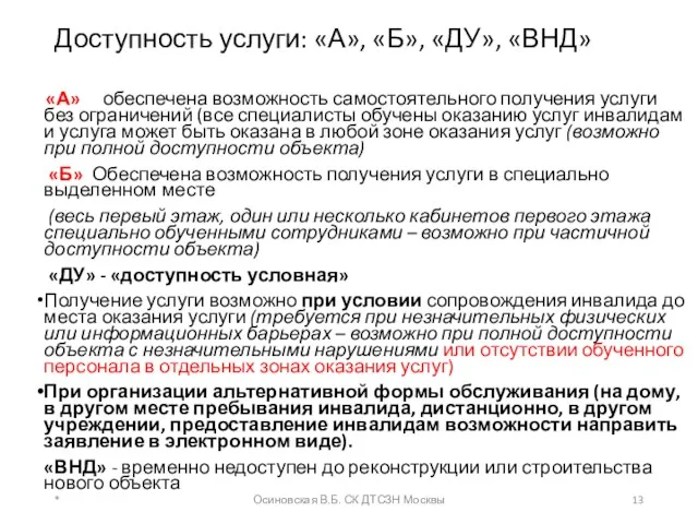 Доступность услуги: «А», «Б», «ДУ», «ВНД» «А» обеспечена возможность самостоятельного