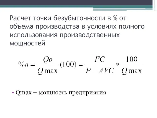 Расчет точки безубыточности в % от объема производства в условиях