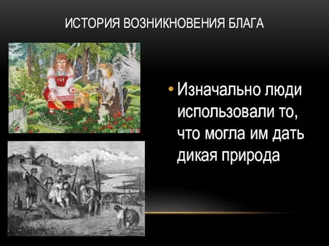 ИСТОРИЯ ВОЗНИКНОВЕНИЯ БЛАГА Изначально люди использовали то, что могла им дать дикая природа