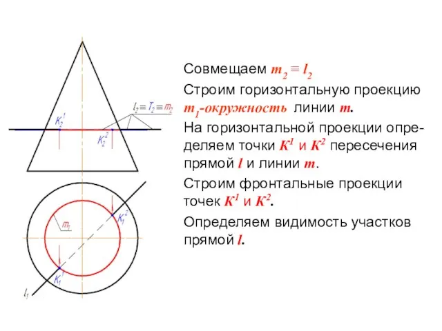 Совмещаем m2 ≡ l2 Строим горизонтальную проекцию m1-окружность линии m.