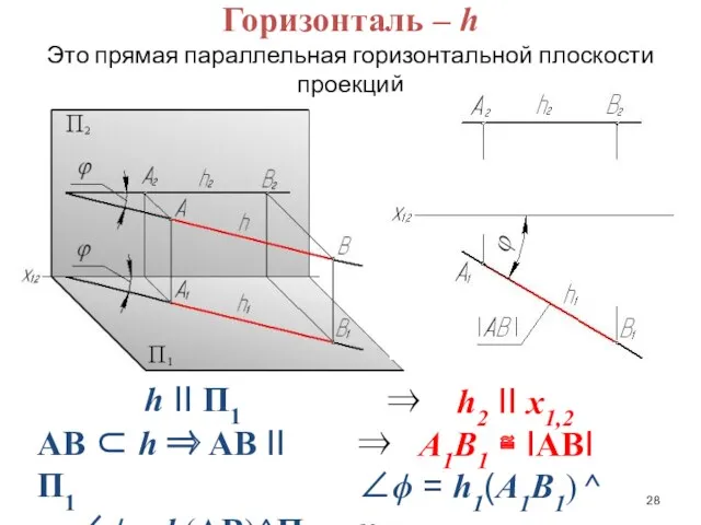 Горизонталь – h Это прямая параллельная горизонтальной плоскости проекций h