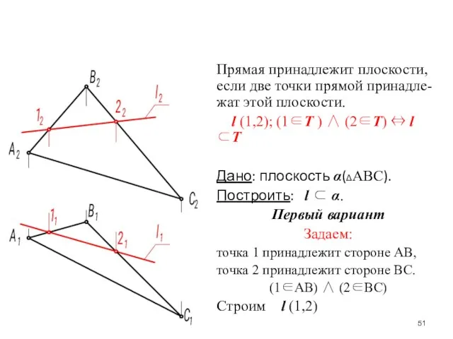 Прямая принадлежит плоскости, если две точки прямой принадле-жат этой плоскости.