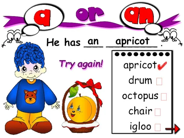 He has ___ ________ . an apricot igloo apricot drum