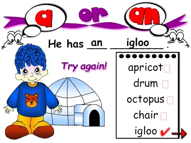 He has ___ ________ . an igloo igloo apricot drum