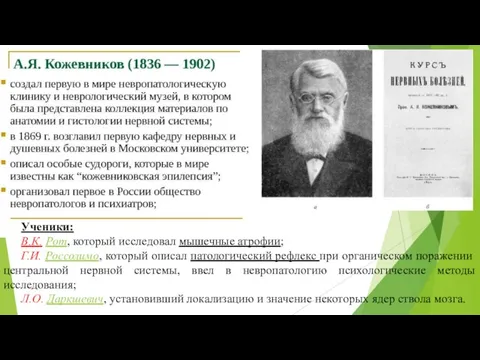 Ученики: В.К. Рот, который исследовал мышечные атрофии; Г.И. Россолимо, который