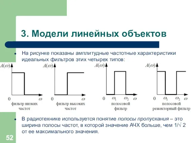 3. Модели линейных объектов На рисунке показаны амплитудные частотные характеристики идеальных фильтров этих