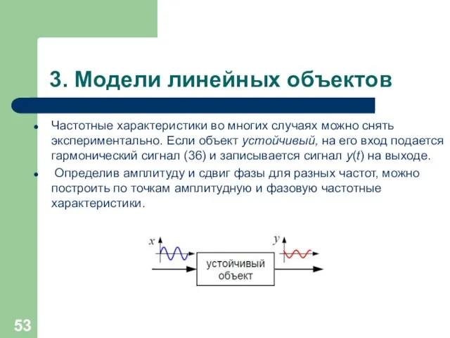 3. Модели линейных объектов Частотные характеристики во многих случаях можно снять экспериментально. Если