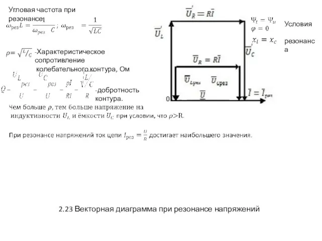 2.23 Векторная диаграмма при резонансе напряжений Угловая частота при резонансе: