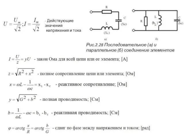 Рис.2.28 Последовательное (а) и параллельное (б) соединение элементов - Действующие значения напряжения и тока