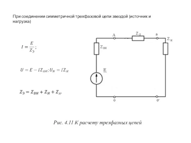 Рис. 4.11 К расчету трехфазных цепей При соединении симметричной трехфазовой цепи звездой (источник и нагрузка)