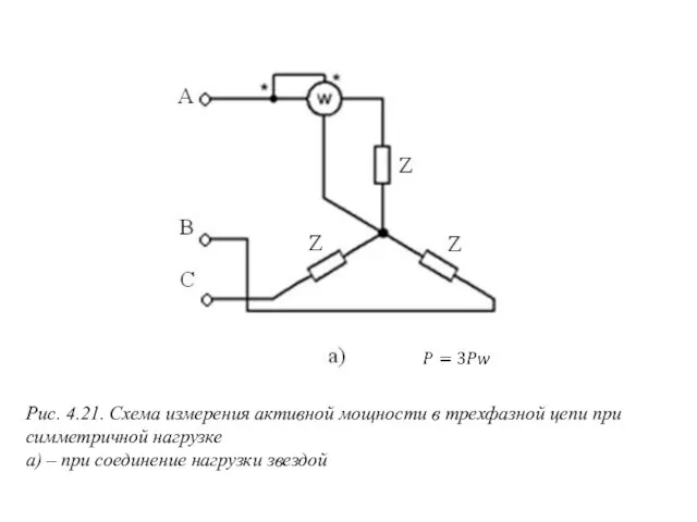 Рис. 4.21. Схема измерения активной мощности в трехфазной цепи при