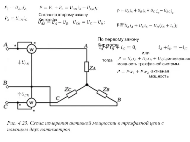 Рис. 4.23. Схема измерения активной мощности в трехфазной цепи с