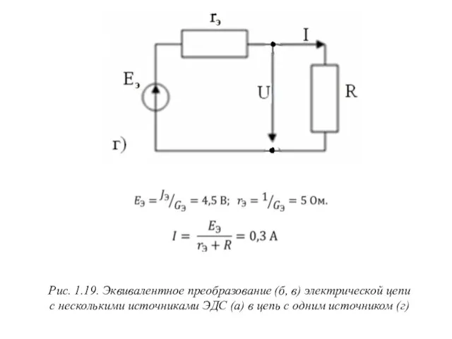 Рис. 1.19. Эквивалентное преобразование (б, в) электрической цепи с несколькими