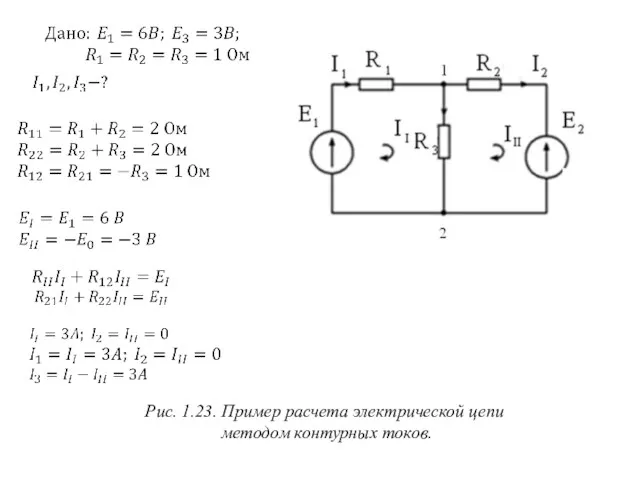 Рис. 1.23. Пример расчета электрической цепи методом контурных токов.