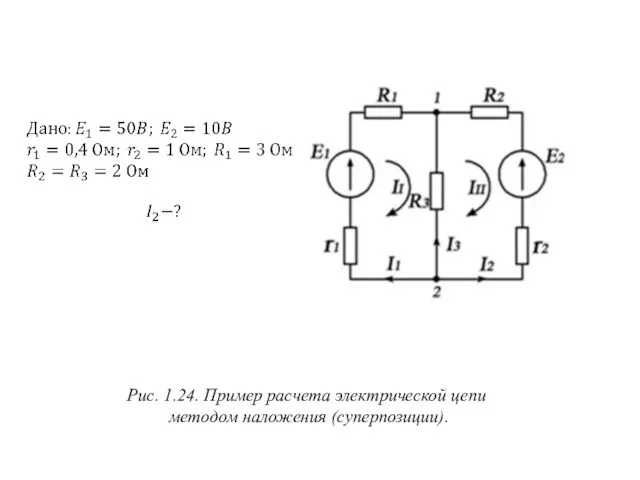 Рис. 1.24. Пример расчета электрической цепи методом наложения (суперпозиции).