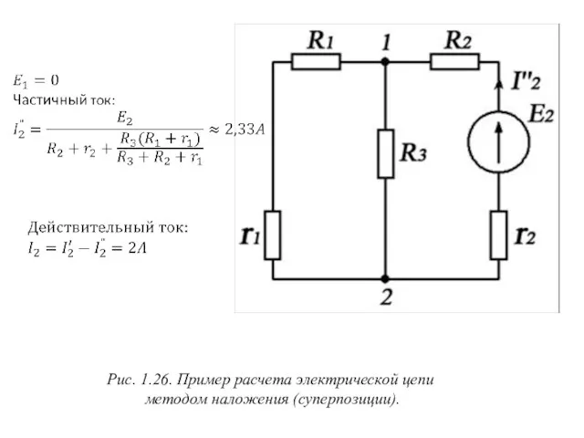 Рис. 1.26. Пример расчета электрической цепи методом наложения (суперпозиции).
