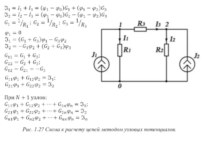 Рис. 1.27 Схема к расчету цепей методом узловых потенциалов.