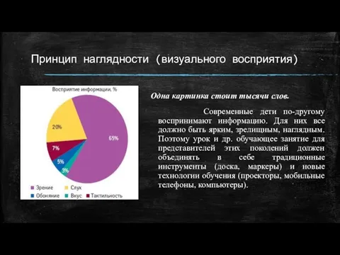 Принцип наглядности (визуального восприятия) Одна картинка стоит тысячи слов. Современные