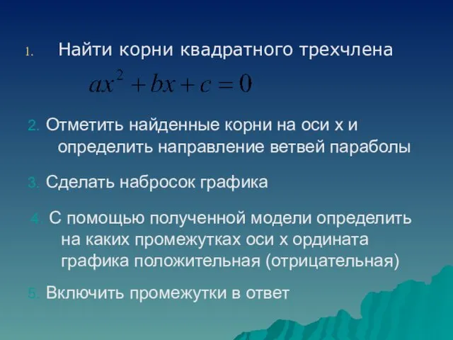 Найти корни квадратного трехчлена 2. Отметить найденные корни на оси