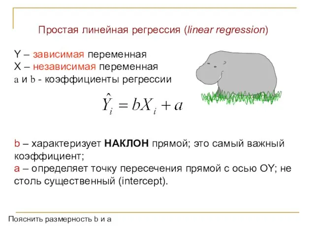 Простая линейная регрессия (linear regression) Y – зависимая переменная X