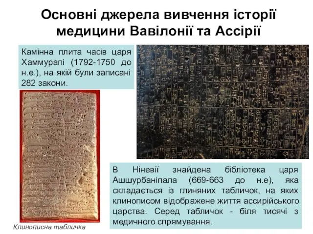 Основні джерела вивчення історії медицини Вавілонії та Ассірії Камінна плита часів царя Хаммурапі